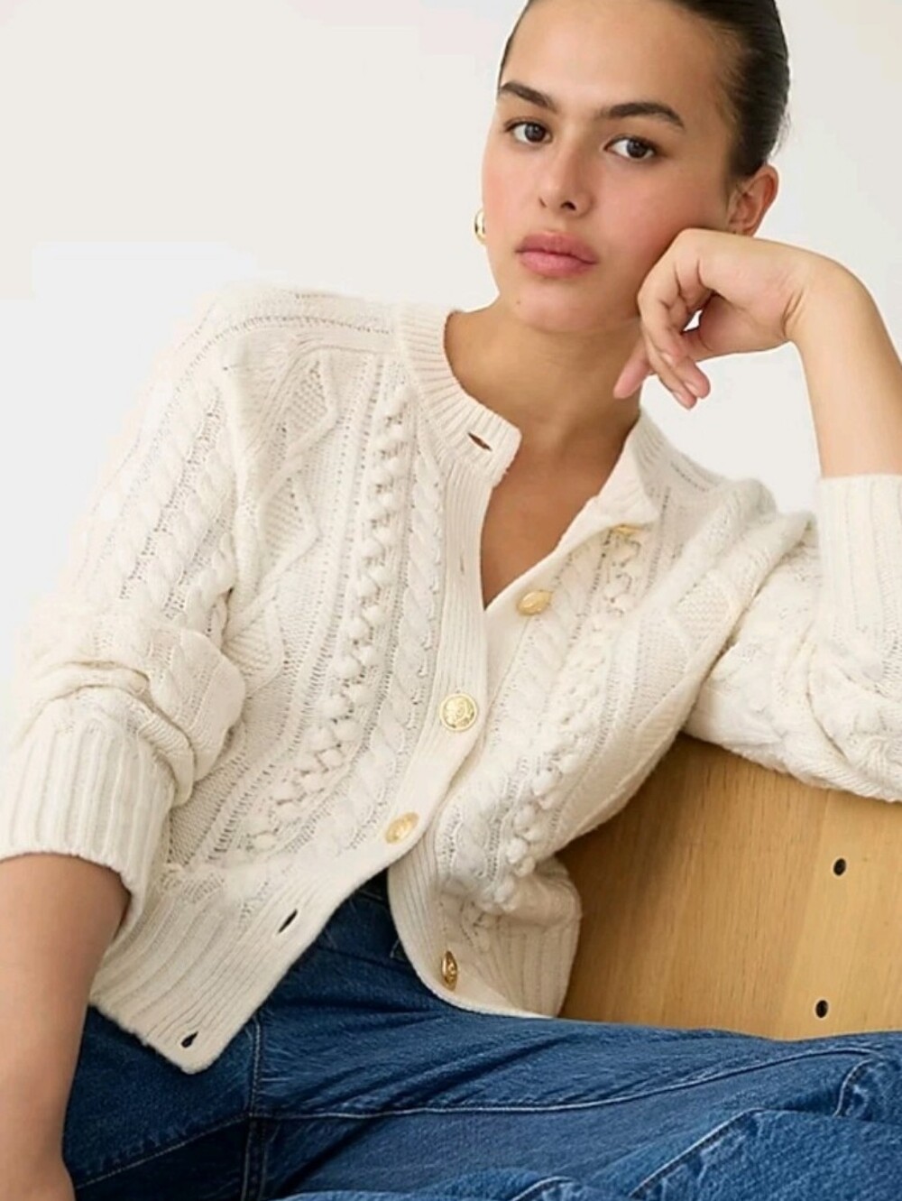 J. Crew Cream Cable-Knit Button Cardigan Sweater